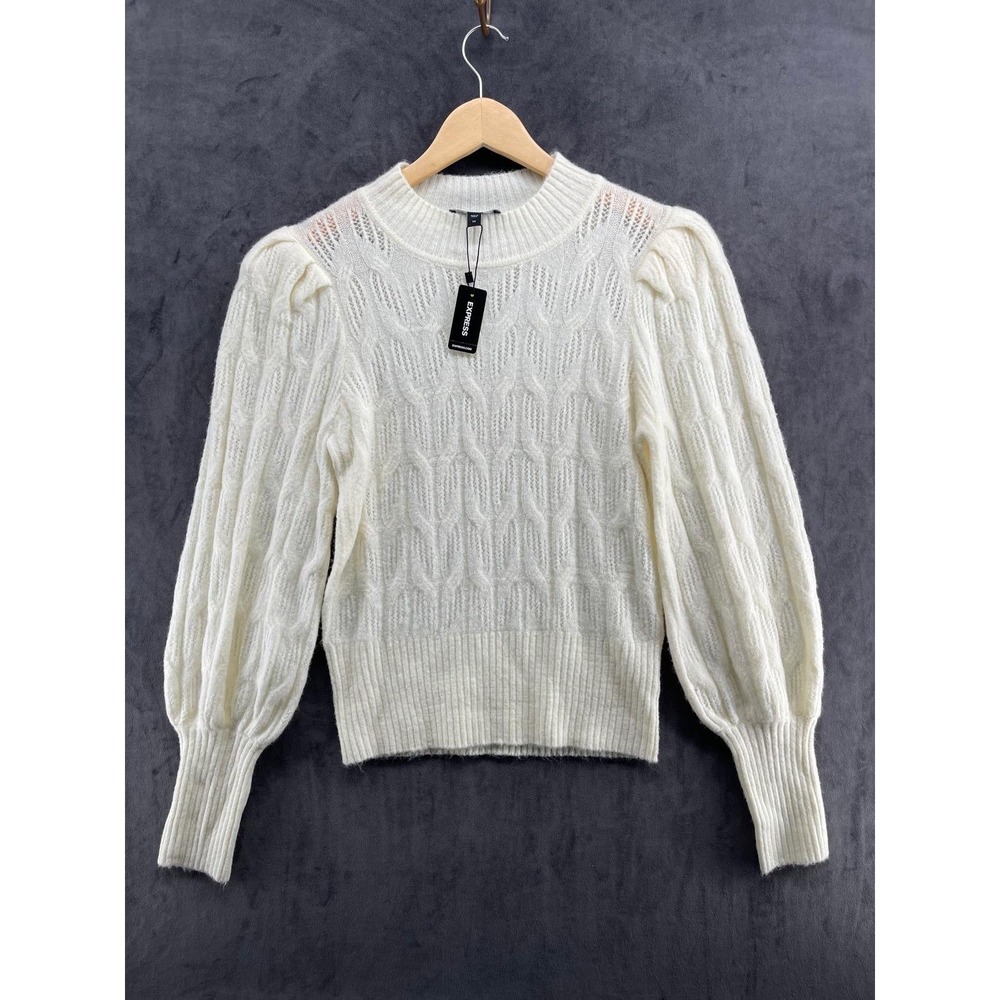 Express Womens Ivory Cable Knit Mock Neck Puff Sleeve Sweater NWT XS